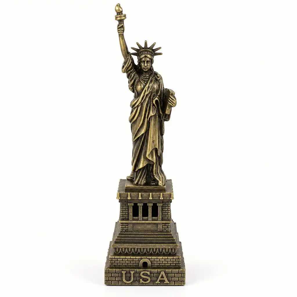 Antique bronze Statue of Liberty decor figurine with USA base, front view on white
