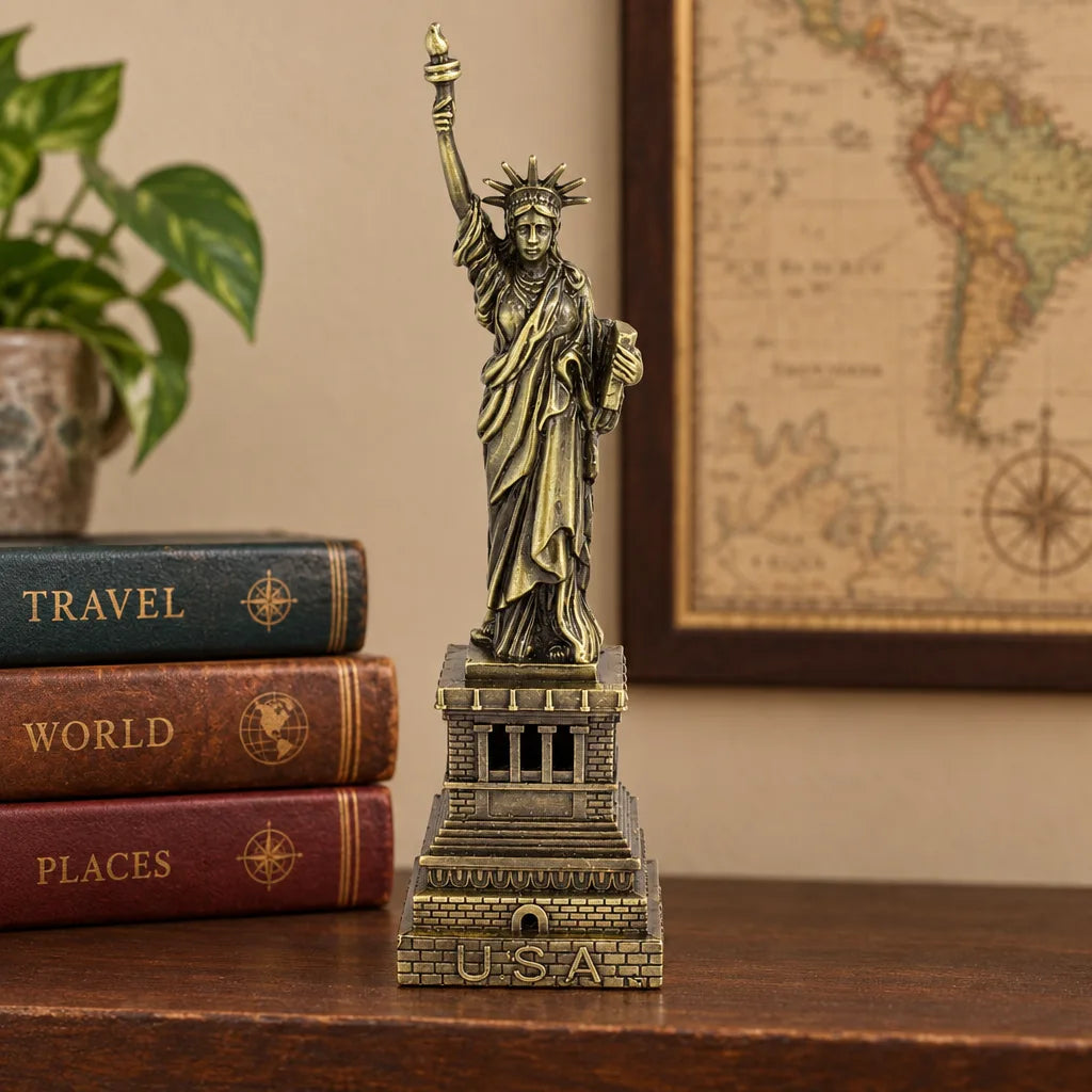 Bronze Statue of Liberty building decor figurine on desk beside books and vintage map