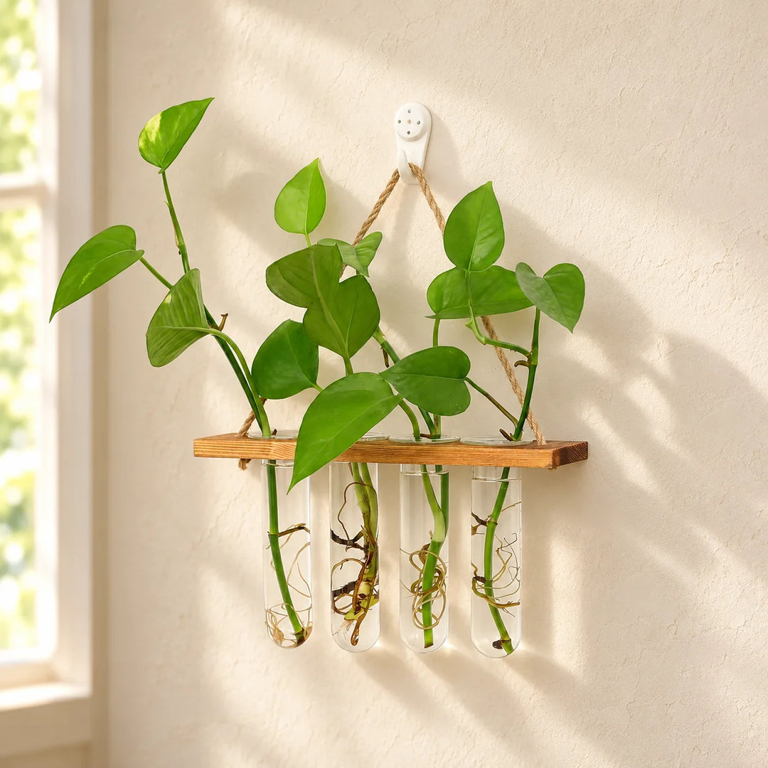 Single rope-hung wooden rail with four clear glass propagation tubes, styled with green cuttings against a sunlit plaster wall