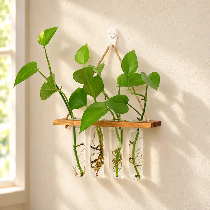 Single rope-hung wooden rail with four clear glass propagation tubes, styled with green cuttings against a sunlit plaster wall