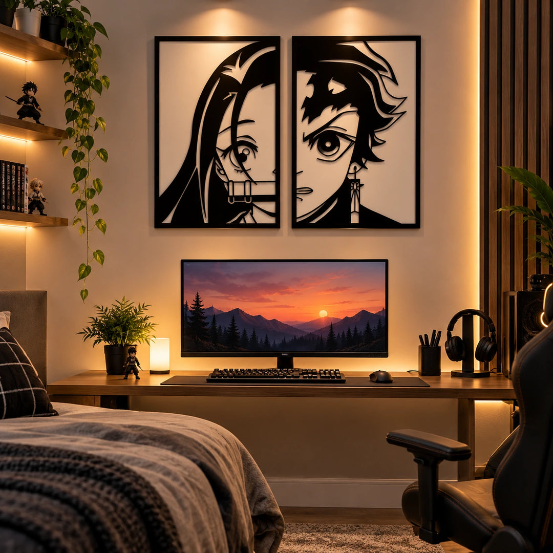 Two black Tanjiro and Nezuko wall-art panels above a monitor in a warm-lit gaming bedroom