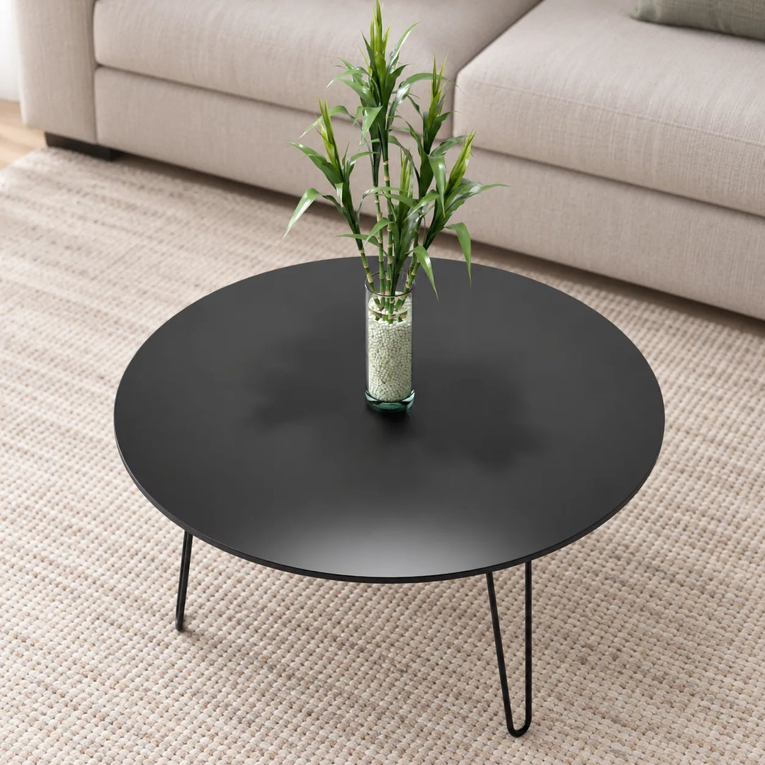 Single black Tatami round hairpin table with original vase of green stems in a neutral living room; plant and room accessories for styling only