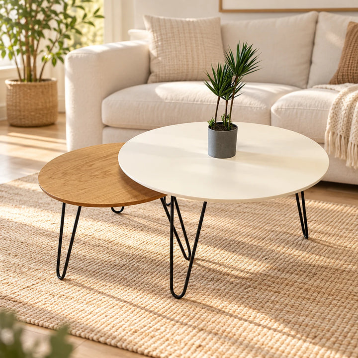 Tatami nesting tables with large white top and smaller oak woodgrain top, black hairpin legs in a sunlit living room
