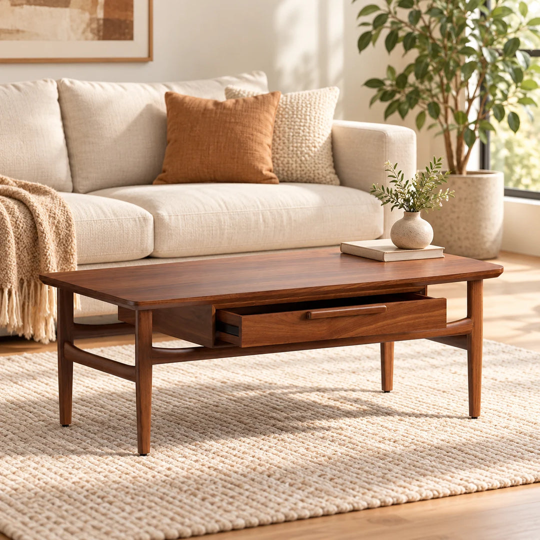 Tatez wooden coffee table with open drawer styled with a book and vase in a living room