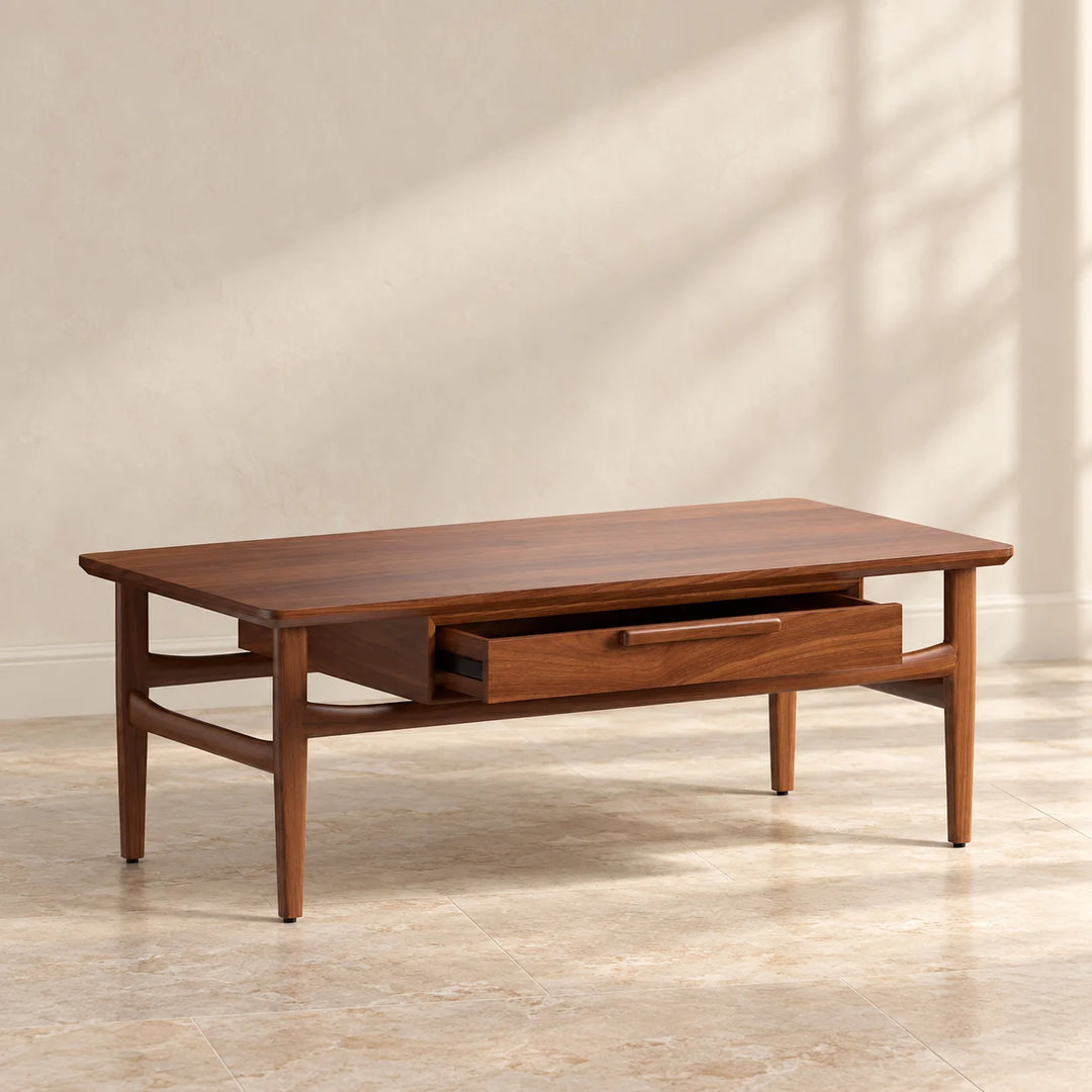 Tatez wooden coffee table with partially open storage drawer in natural light