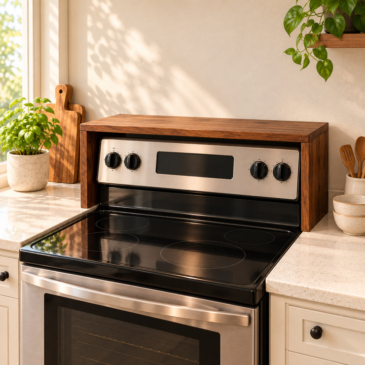Tavira stove shelf concept lifestyle view with natural greenery and warm kitchen styling