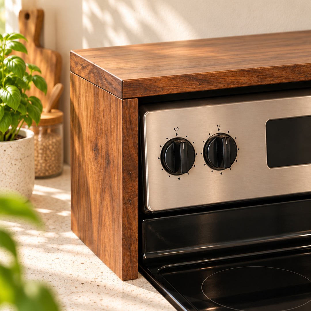 Tavira stove shelf concept construction detail with natural greenery and warm kitchen styling