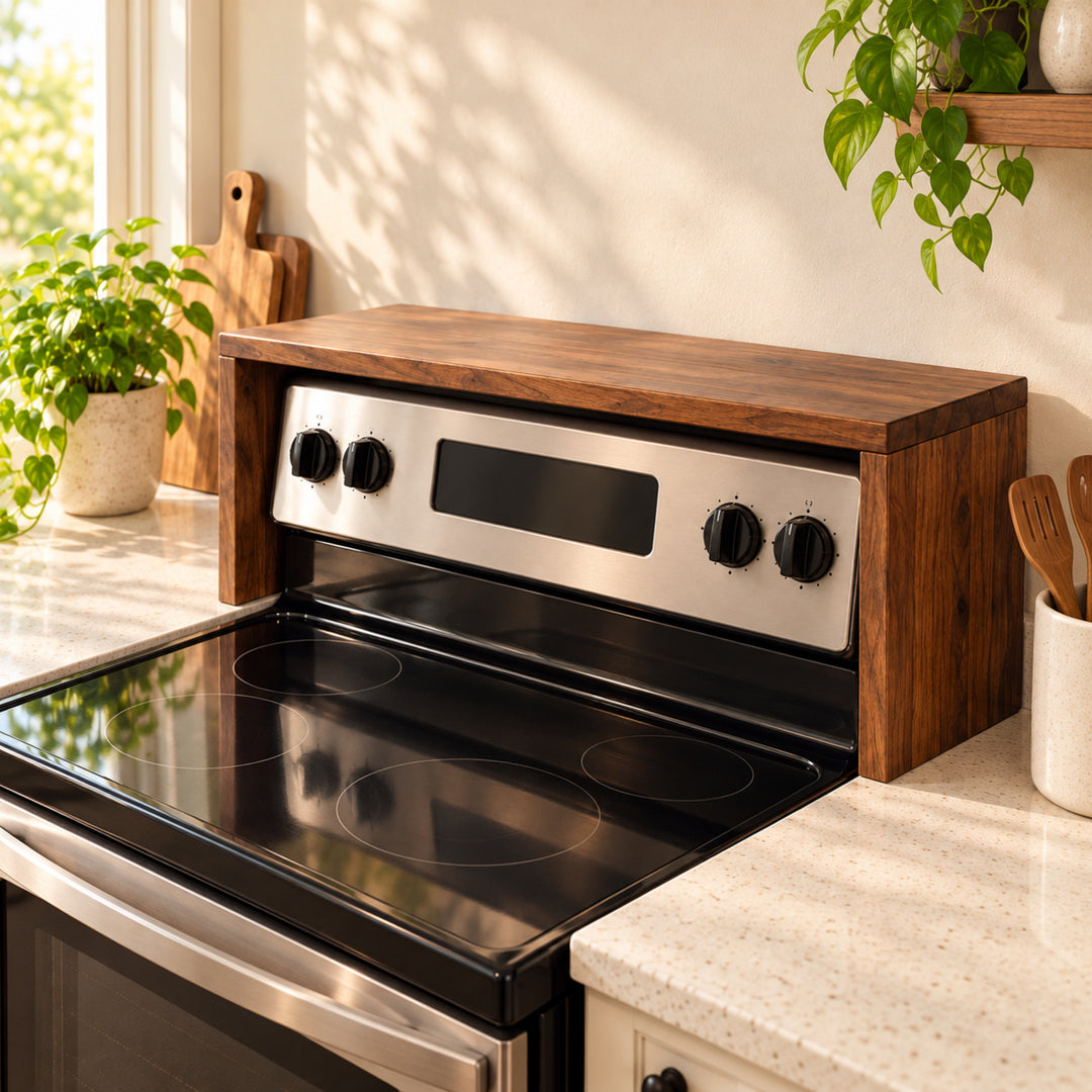 Tavira stove shelf concept alternate view with natural greenery and warm kitchen styling