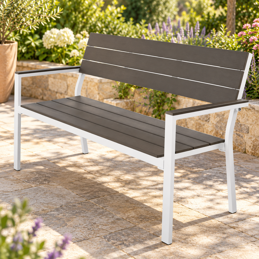 Tectake garden bench with grey-brown slats and white metal frame on a sunlit patio