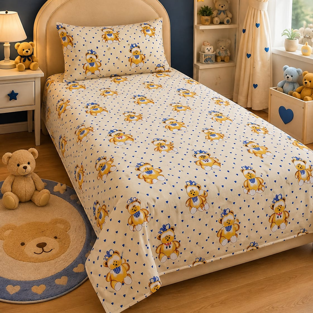 Cream kids single bed sheet with teddy bear and blue heart print