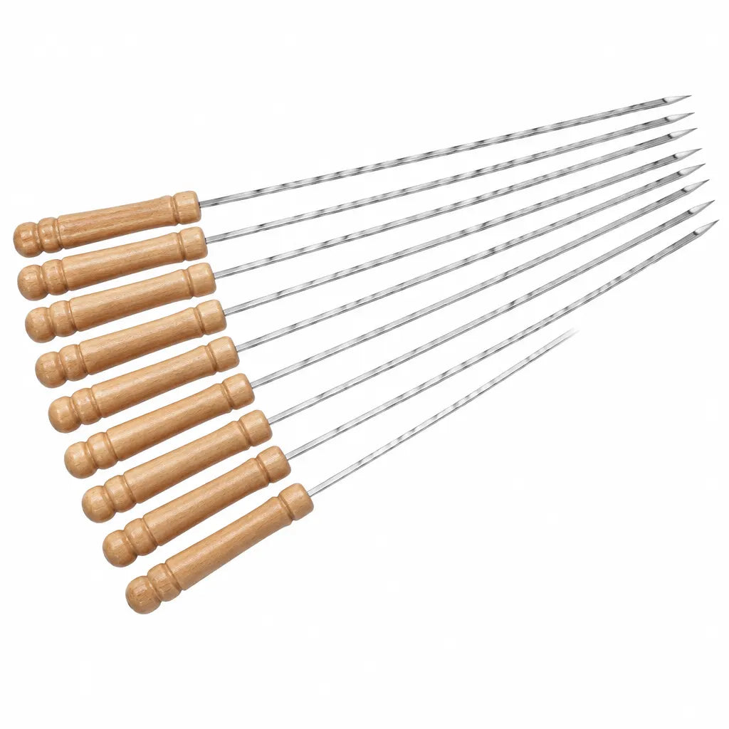 Wooden-handled metal barbecue skewers arranged on a white background