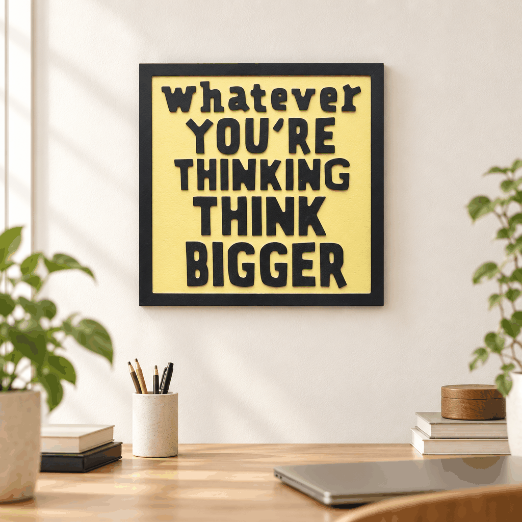 Golden Think Bigger quote wall decor hanging above desk with plant and laptop