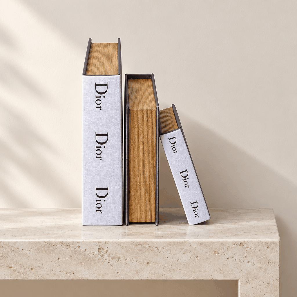 Three white fashion book decor boxes with tan edges standing upright on stone shelf
