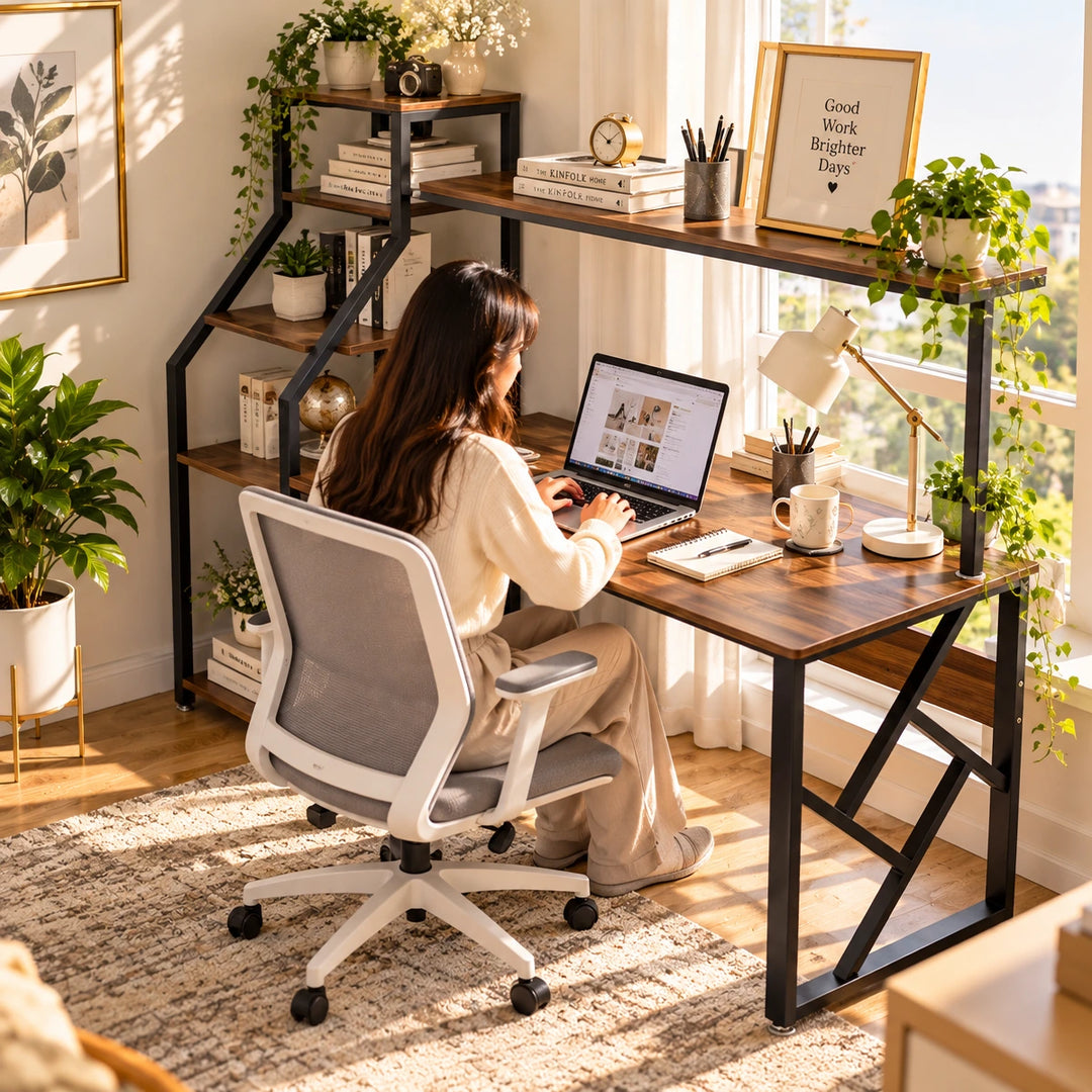 Brown desk with a black frame and upper storage shelf in a home office