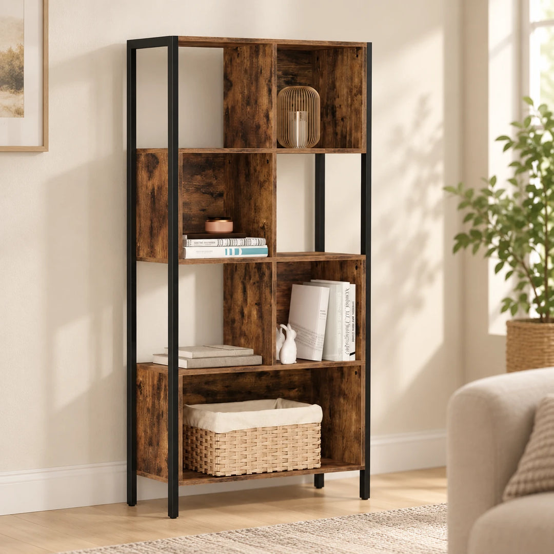 Rustic brown storage rack with black frame in a sunlit living room
