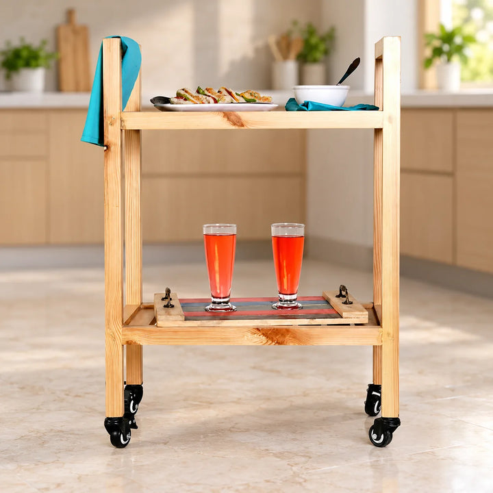 Treen wooden rolling trolley in a kitchen setting, with food, drinks and tray shown for styling