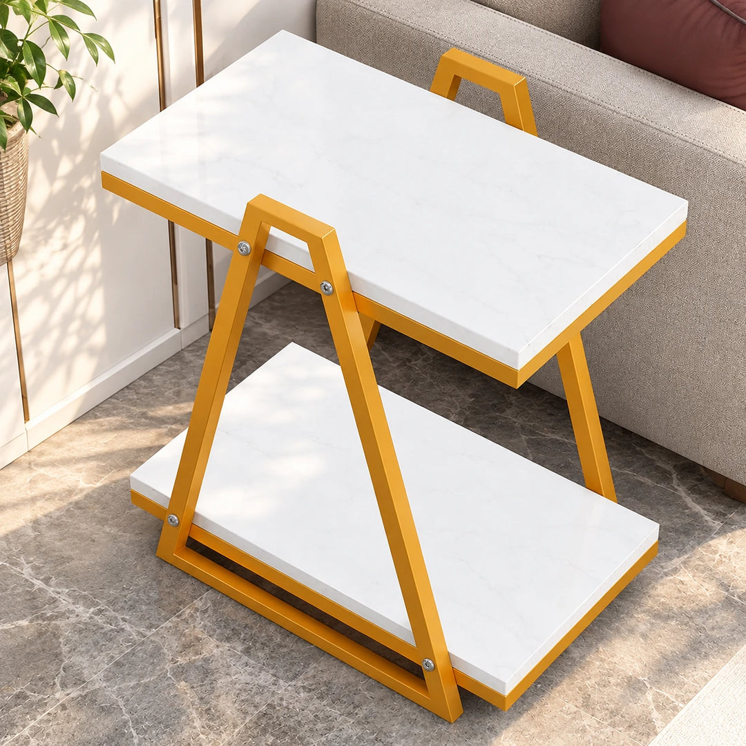 Treetozy side table with ochre gold powder-coated triangular frame and two white marble-effect rectangular tiers