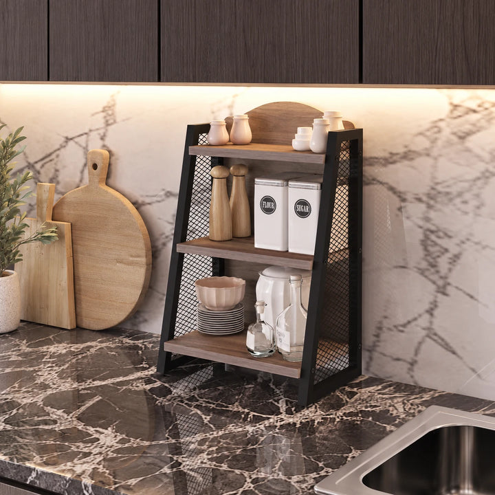 Brown wood and black metal Trestle kitchen rack against a wall with kitchen storage props