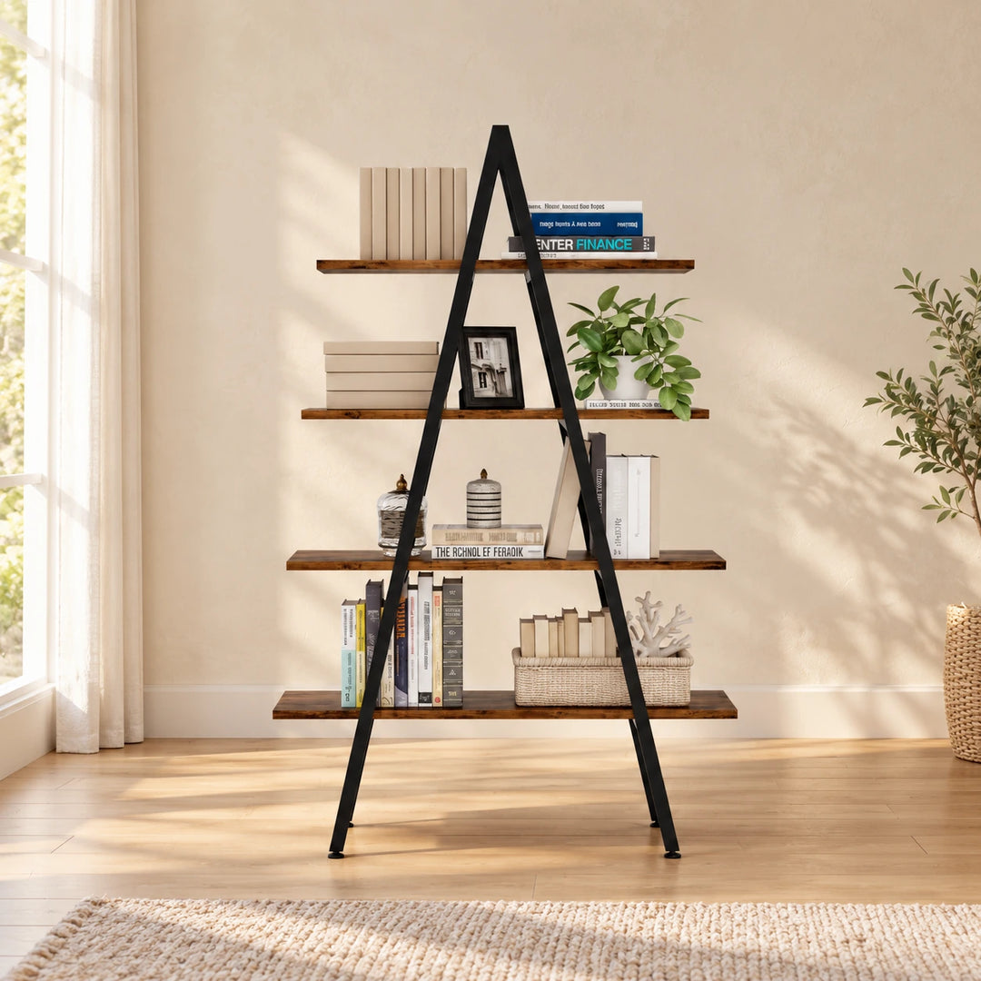 Black A-frame book rack with rustic brown shelves in a naturally lit reading corner