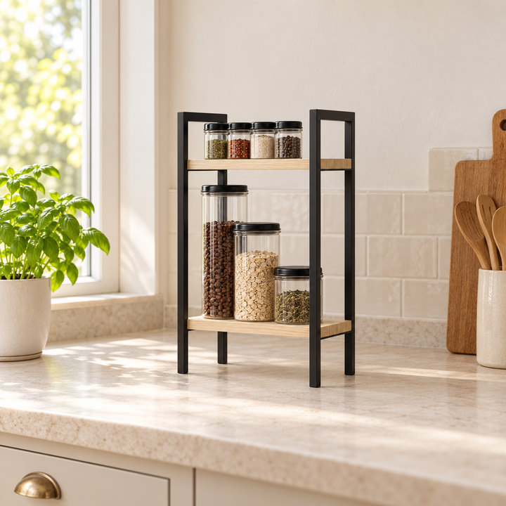 Small two-tier black and wood kitchen spice rack on a daylight counter beside fresh herbs
