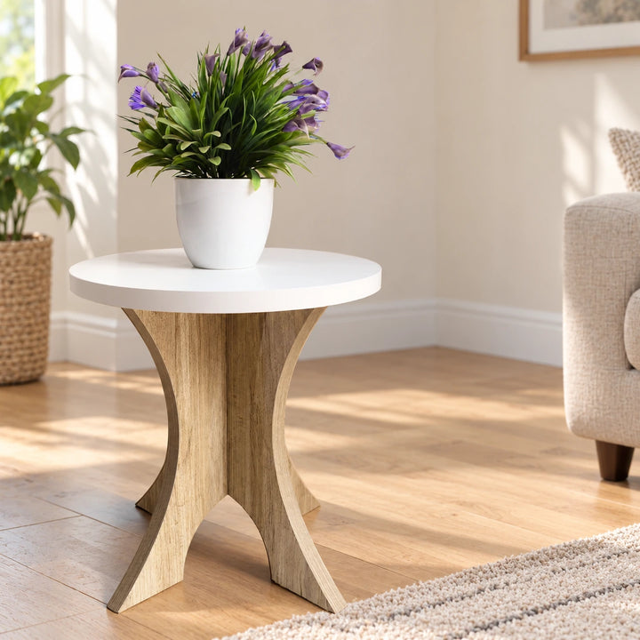 White round side table with intersecting oak-tone curved panels and purple flowers in natural daylight