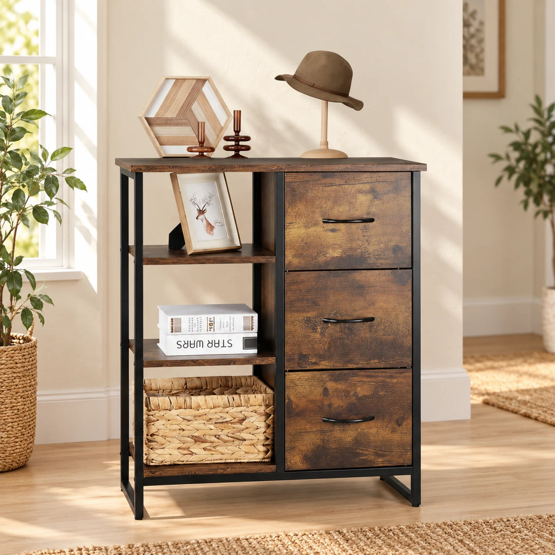 Rustic brown three-drawer cabinet with black frame and open shelves in a naturally lit room