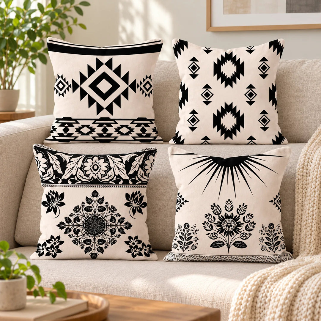Four Vionessa cushion covers with their original black geometric and floral designs on cream, arranged on a sofa