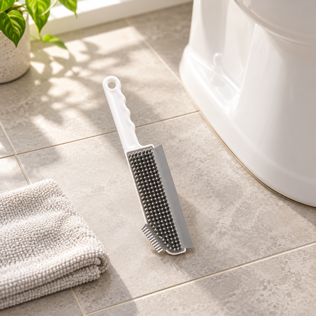 White handled Viper cleaning brush with grey bristles and side squeegee beside a toilet and cleaning cloth