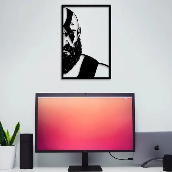 Kratos warrior black silhouette wall art panel above desk monitor