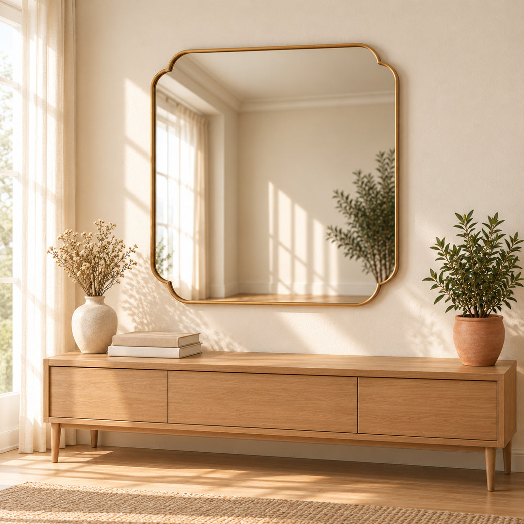 Scalloped corner wall mirror above a wooden console with books and greenery. Digitally styled visualization.