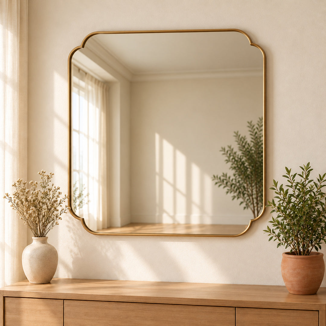 Scalloped corner wall mirror with gold tone frame above a wooden console.