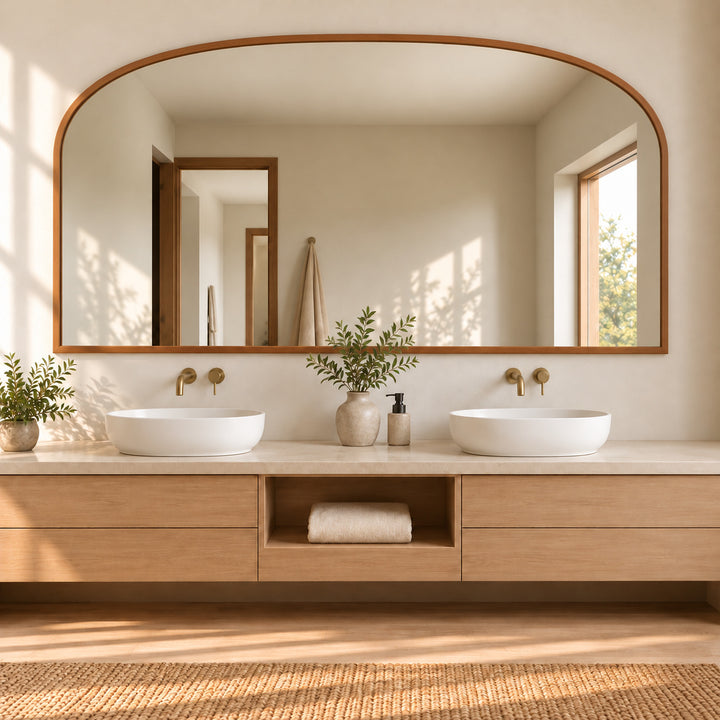 Wide horizontal arched mirror above a double basin vanity with natural green plants. Digitally styled visualization.