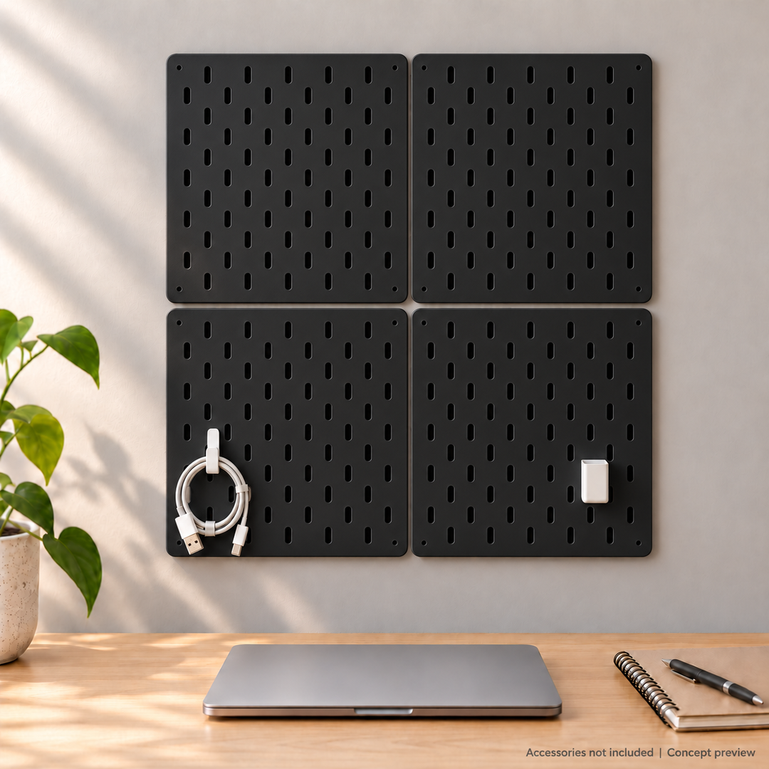 Illustrative arrangement of four black 24 × 24 cm pegboard panels; accessories not included