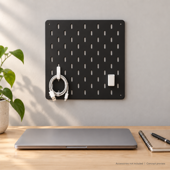 Illustrative black 24 × 24 cm modular pegboard panel; accessories not included