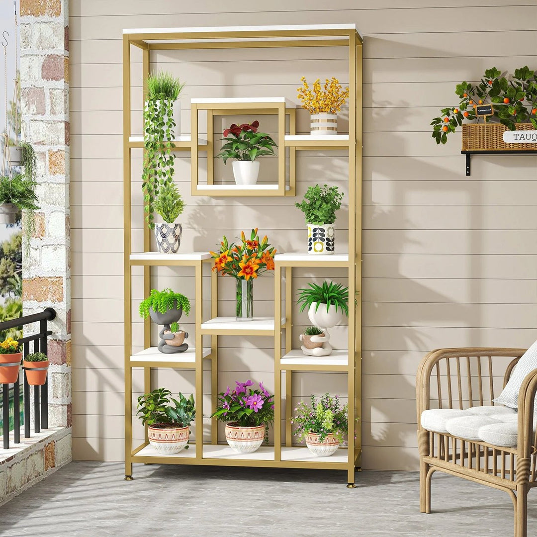 Gold frame 11 tier display shelf filled with plants on balcony