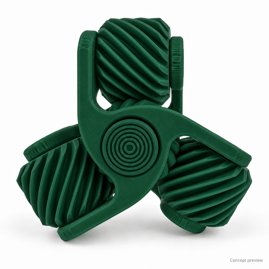 Dark green triple helical gear fidget spinner with matching dark green frame, gears and centre; concept preview