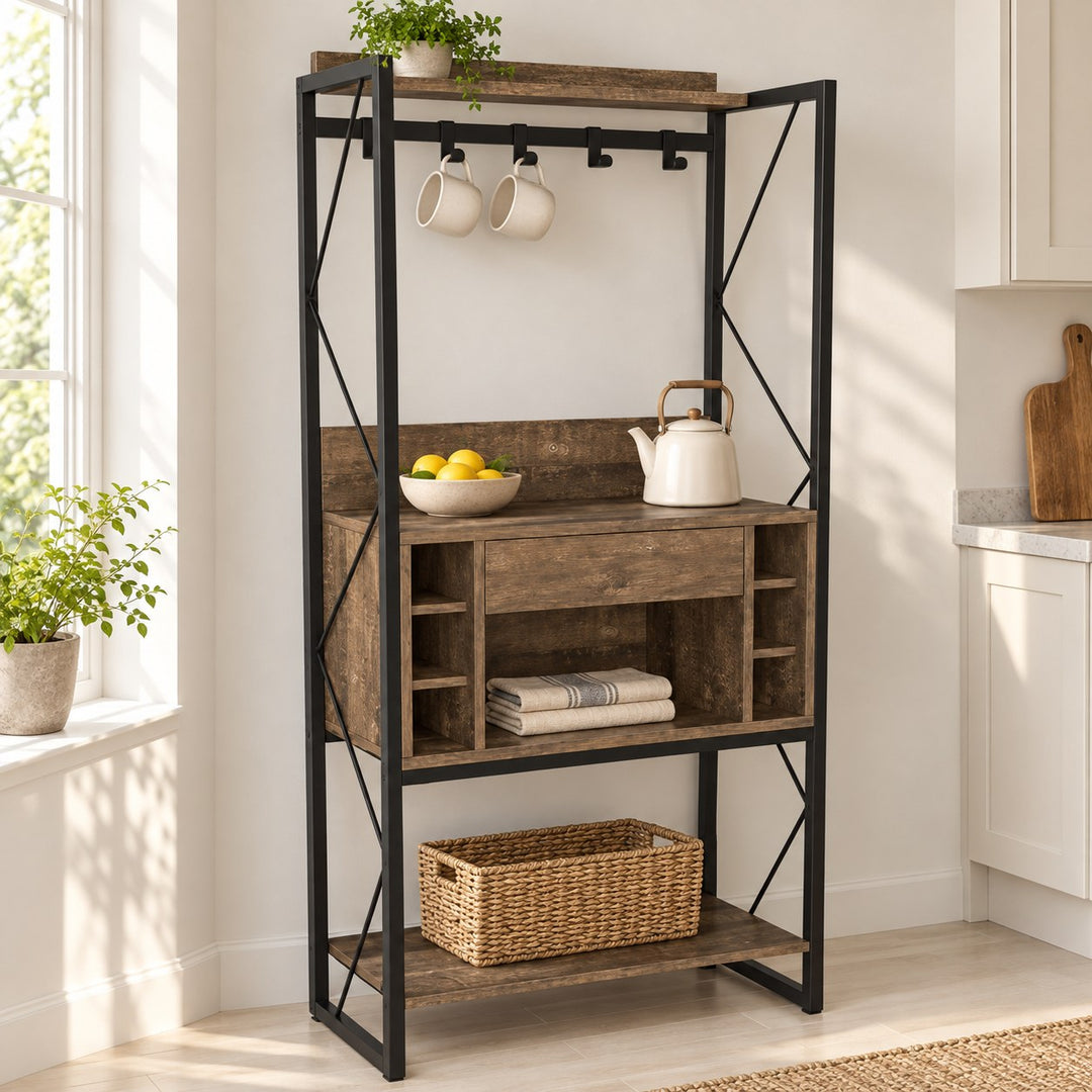 Durrett brown wood and black metal baker rack with drawer and open cubbies against a kitchen wall with everyday kitchen props and green plant