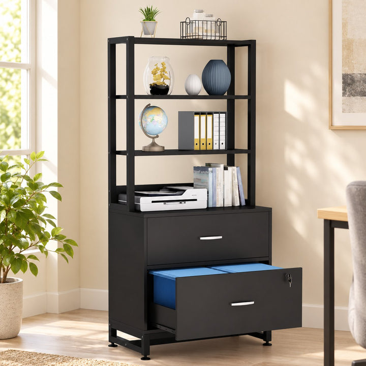 Kazoraa black bookcase filing rack with two drawers in a sunlit home office