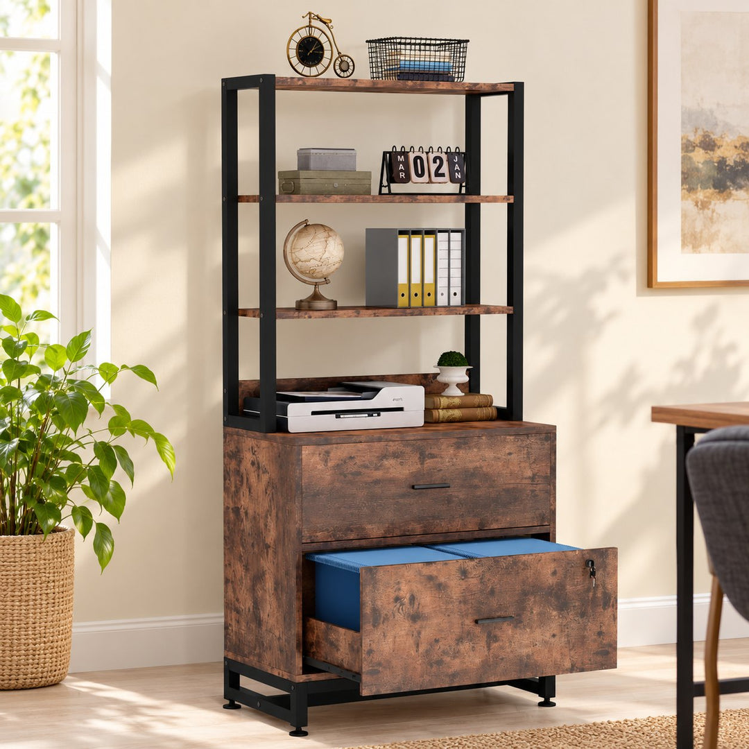 Kazoraa rustic brown bookcase filing rack with black frame and two drawers in a sunlit home office