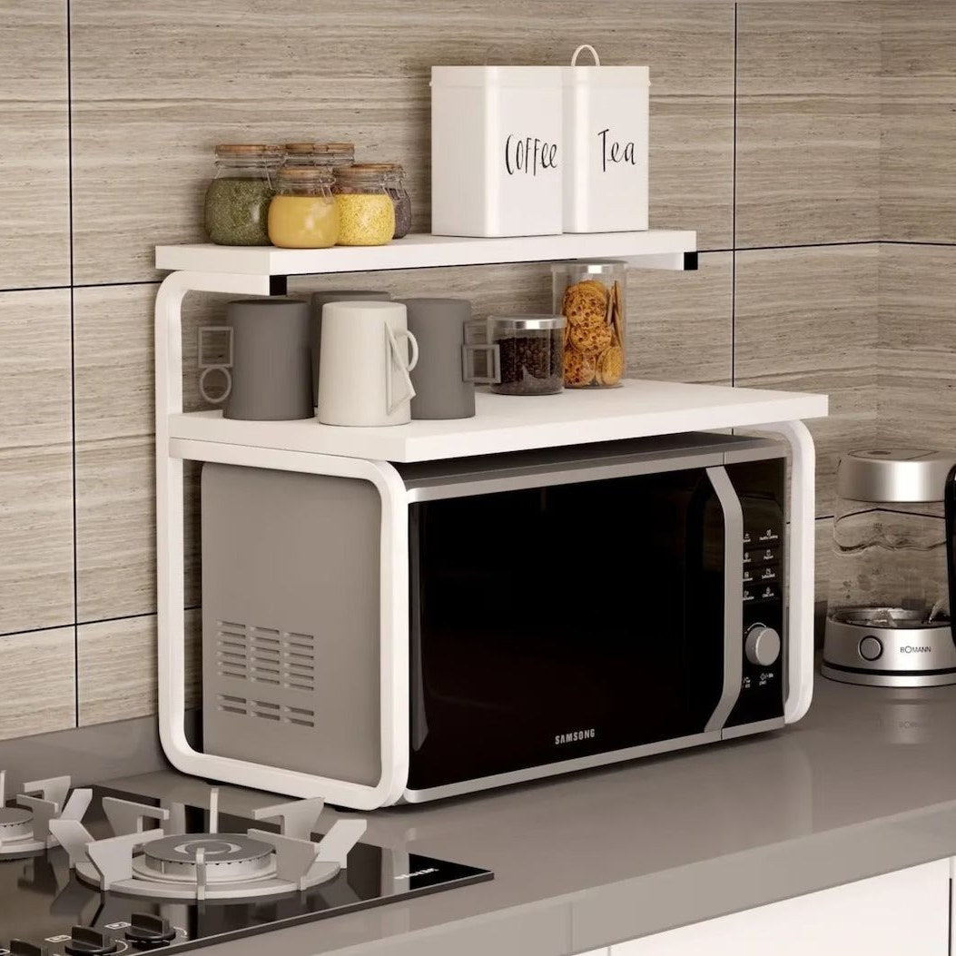 Koru MDF White two-tier countertop microwave rack with white metal frame and kitchen jars