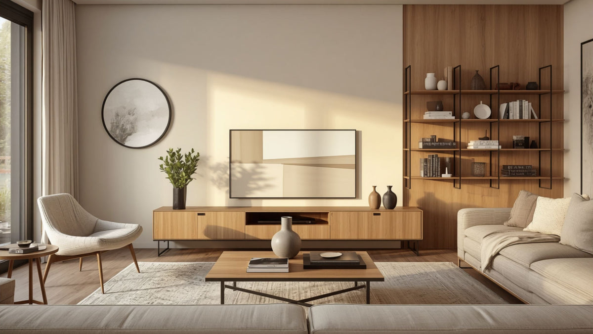 Waseeh living room with wooden tables, shelving and upholstered seating