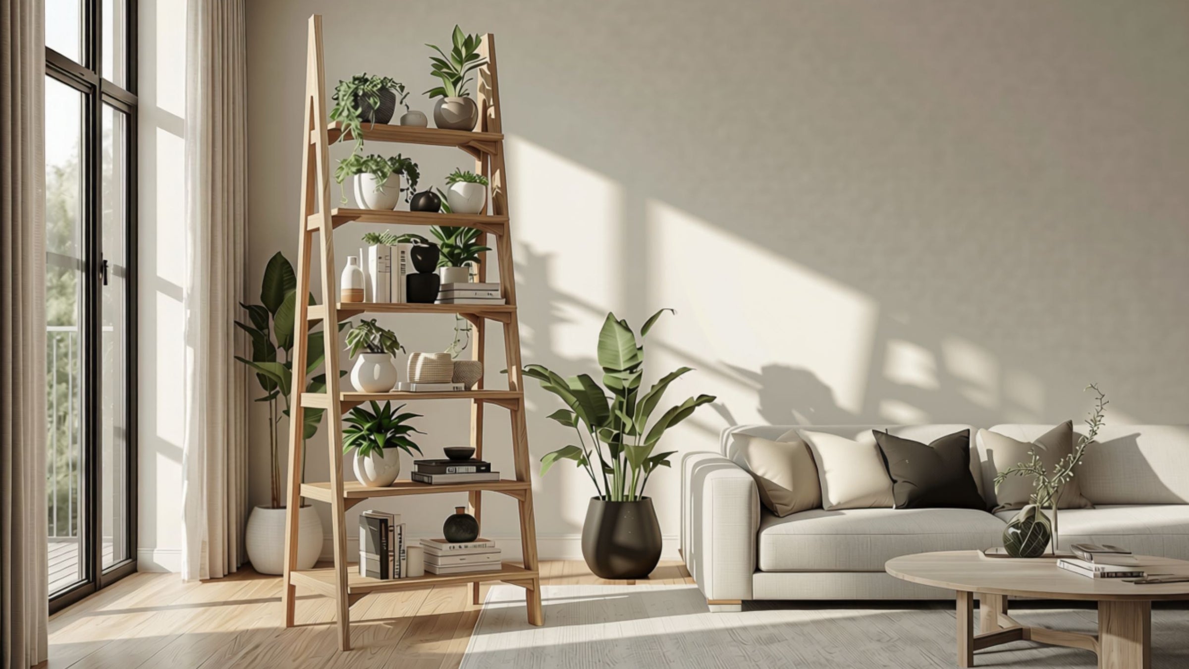 Modern wooden ladder plant shelf in luxury Scandinavian living room | Waseeh Pakistan