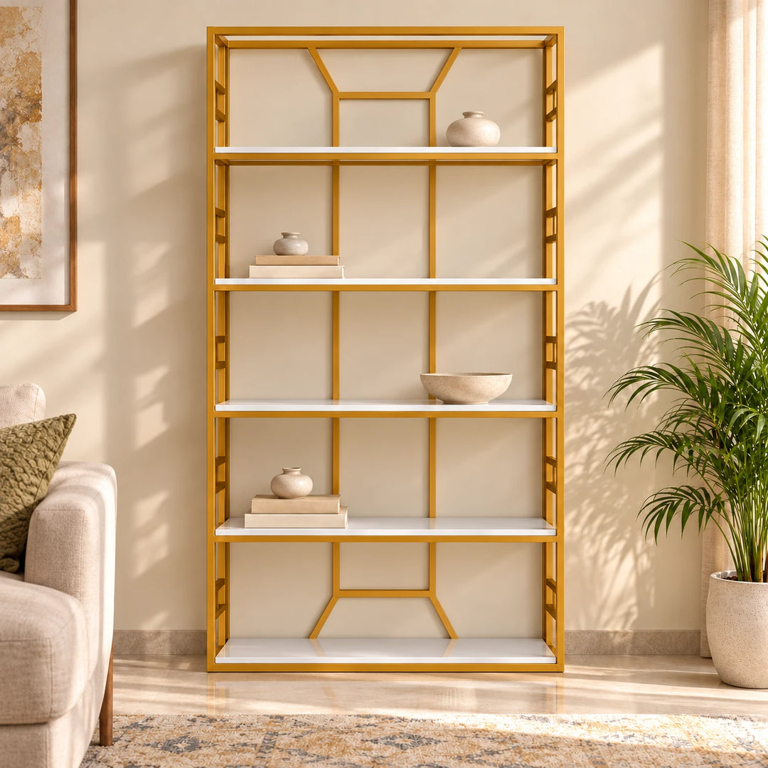 Morass Large five-shelf white and Akil Gold powder-coated bookcase against a sunlit living room wall