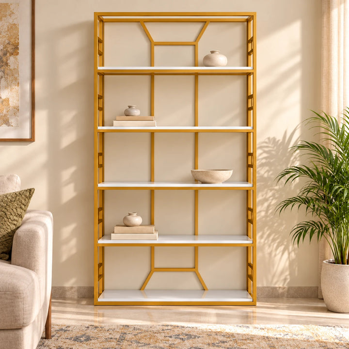 Morass Large five-shelf white and Akil Gold powder-coated bookcase against a sunlit living room wall
