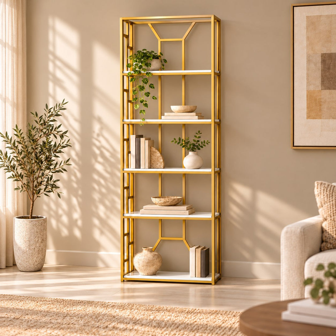 Morass Medium narrow gold frame bookcase with five white shelves, books and plants in a square living room scene