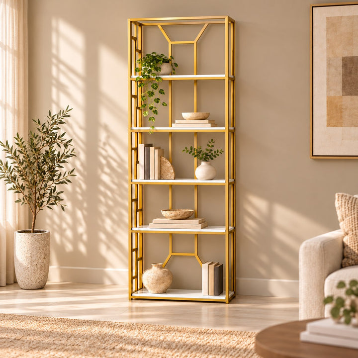 Morass Medium narrow gold frame bookcase with five white shelves, books and plants in a square living room scene