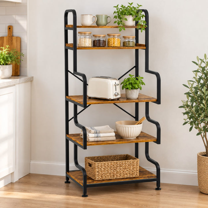 Robenson five-shelf brown wood and black metal kitchen rack with toaster, jars and plant against a wall