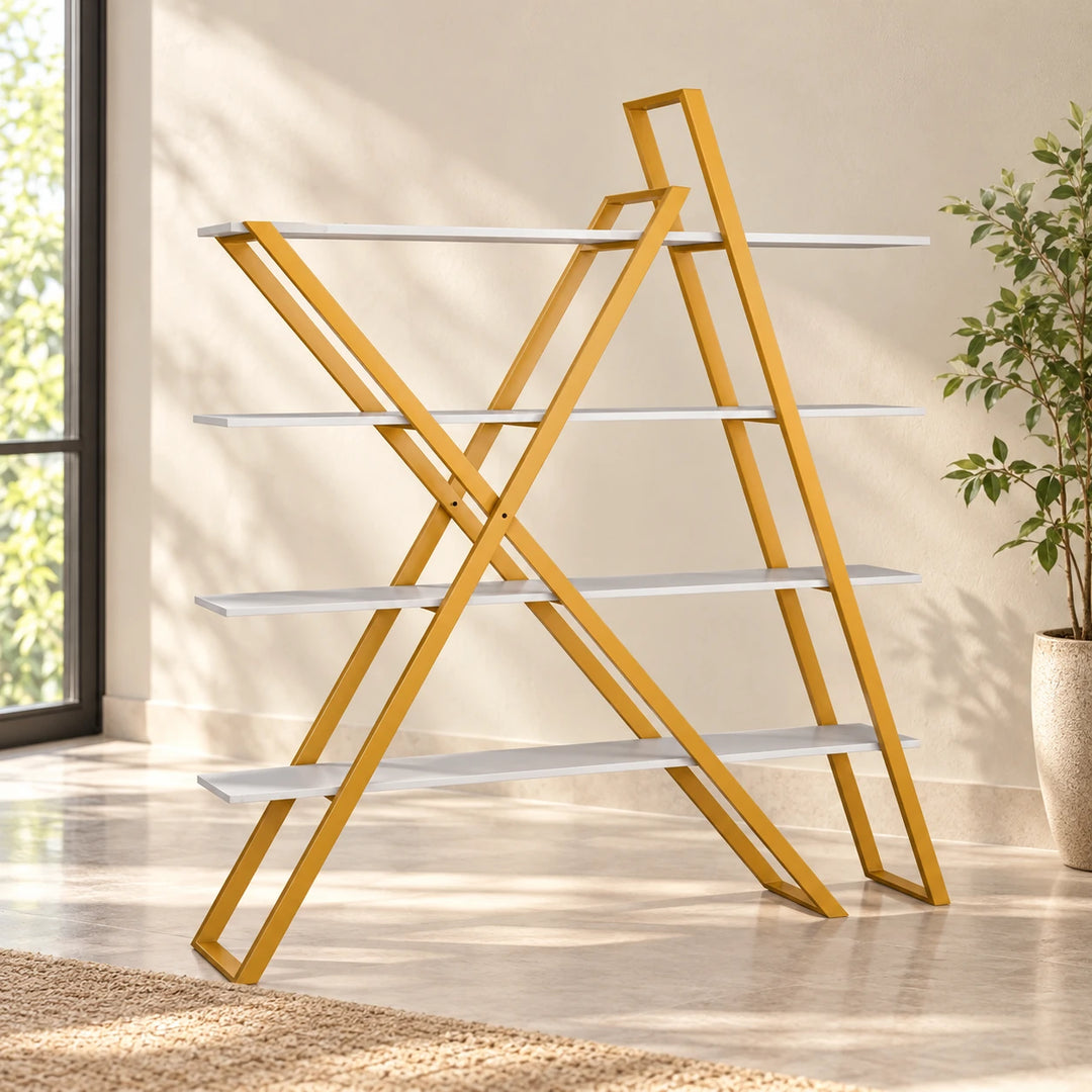 Signature four-tier white shelving rack with three crossed warm ochre powder-coated rectangular frames in a naturally lit lounge