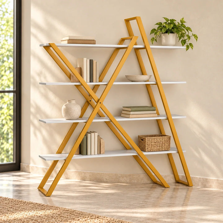 Signature four-tier white shelf rack with warm ochre-gold crossed frames against a living-room wall, styled with books, a plant and ceramic decor.