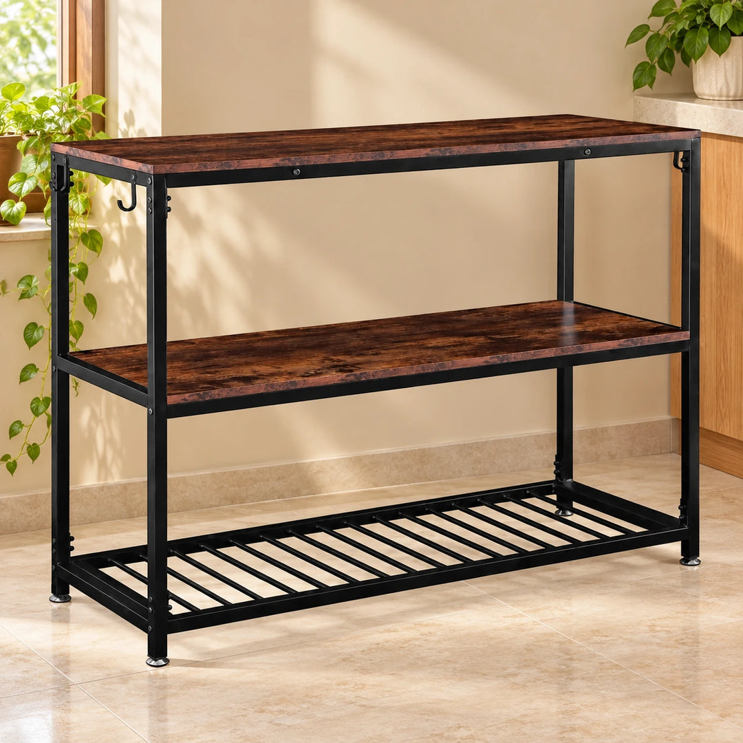 Swagger kitchen organizer rack with two rustic wood shelves and seventeen black lower-tier slats in a naturally lit kitchen